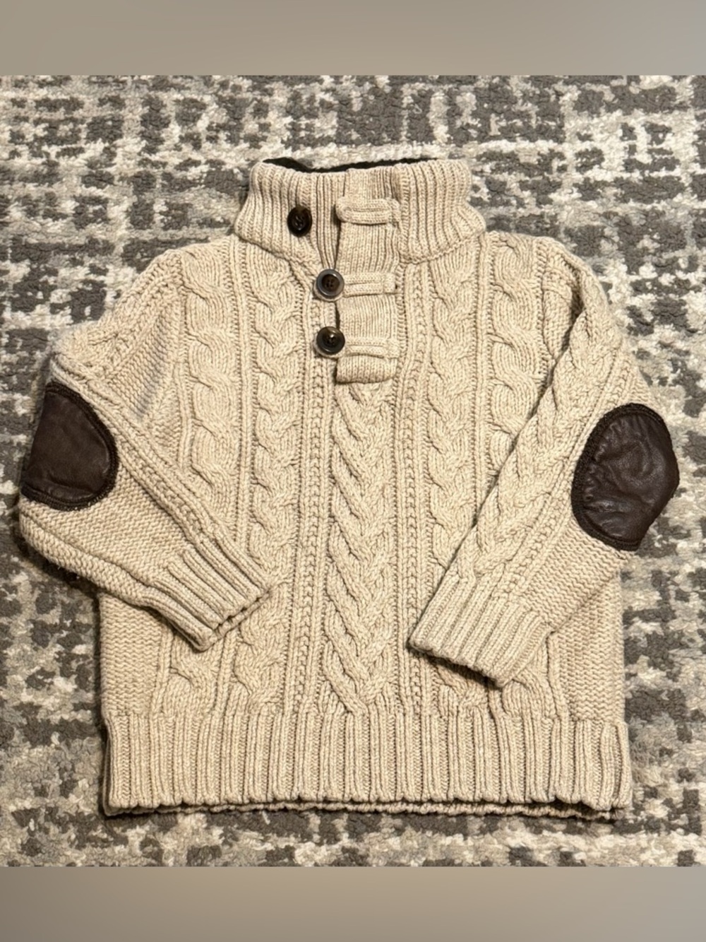 Baby GAP - Cream Sherpa Collar Knit Cardigan w/ Brown Leather Elbow Patches, 2T